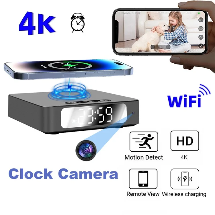 HD 1080P WiFi Camera 15W Wireless Phone Charger Alarm Clock for Home Security
