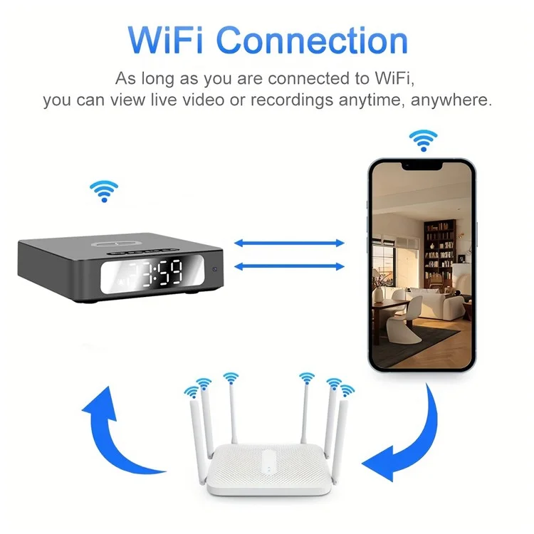 15W Wireless Charging Alarm Clock HD1080P WiFi Camera Digital Clock Charger For Home Security