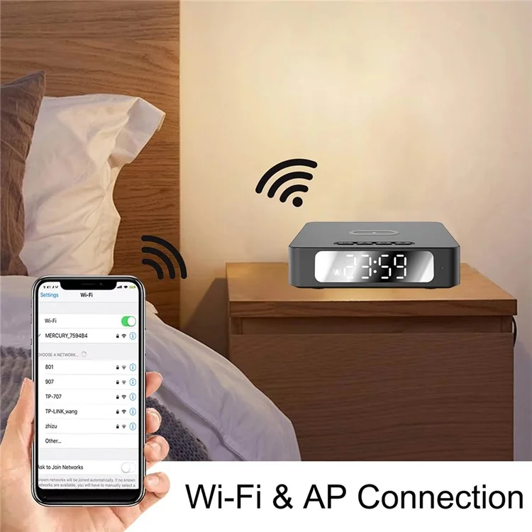 15W Wireless Charging Alarm Clock HD1080P WiFi Camera Digital Clock Charger For Home Security
