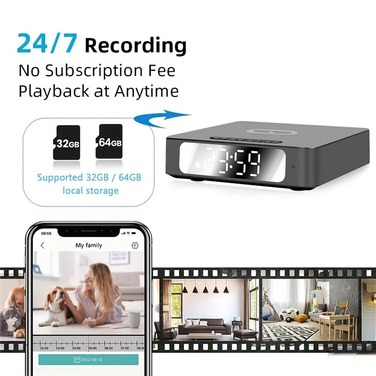 15W Wireless Charging Alarm Clock HD1080P WiFi Camera Digital Clock Charger For Home Security
