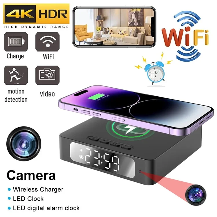 15W Wireless Charging Alarm Clock HD1080P WiFi Camera Digital Clock Charger For Home Security