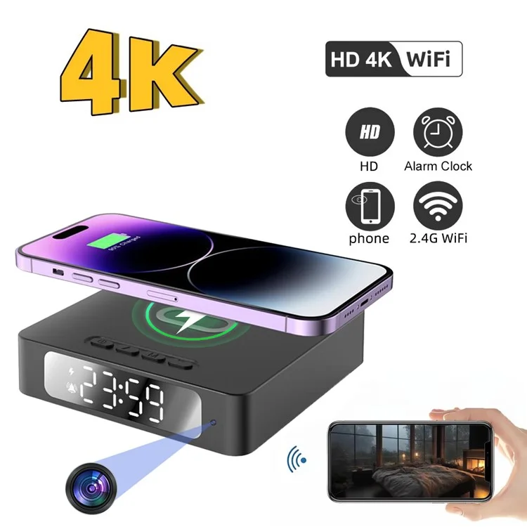 15W Wireless Charging Alarm Clock HD1080P WiFi Camera Digital Clock Charger For Home Security