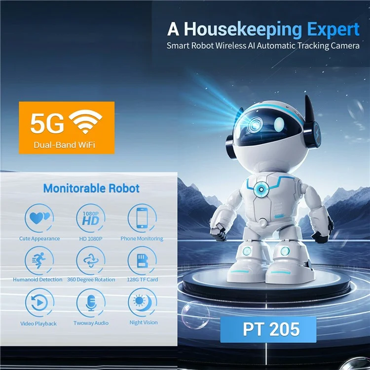 ESCAM PT205 Caméra de Sécurité Domestique Design Robot 1080P avec Suivi Automatique et Audio Bidirectionnel WiFi - Prise Européenne