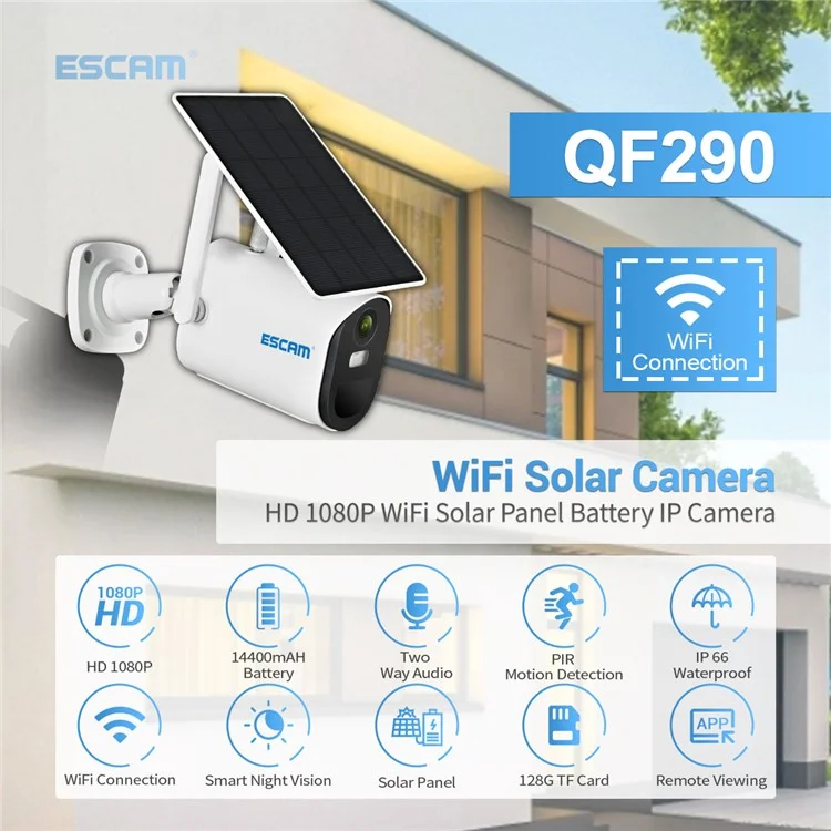 ESCAM QF290 Solar WiFi Camera 1080P Waterproof Security Camera Solar Panel Battery Powered with IR Night Vision