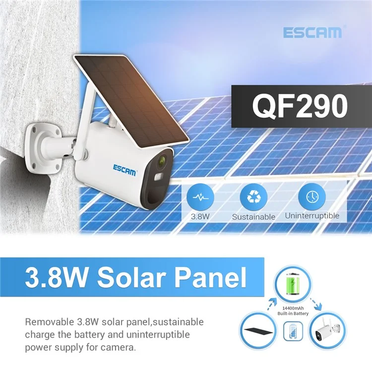 ESCAM QF290 Solar WiFi Camera 1080p Appare-temphop Came Panneau Solar Pannel Soladed Avec Vision Nocturne IR