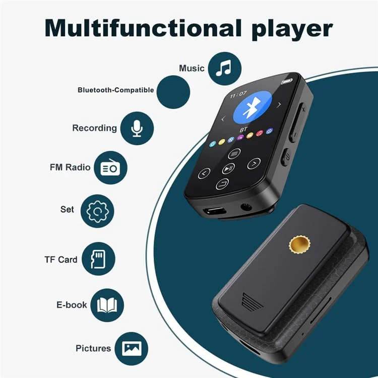 T8 1.54 Inch Touch Screen MP4 Player Bluetooth-Compatible FM Radio E-Book Reader with Back Clip (Without TF Card)