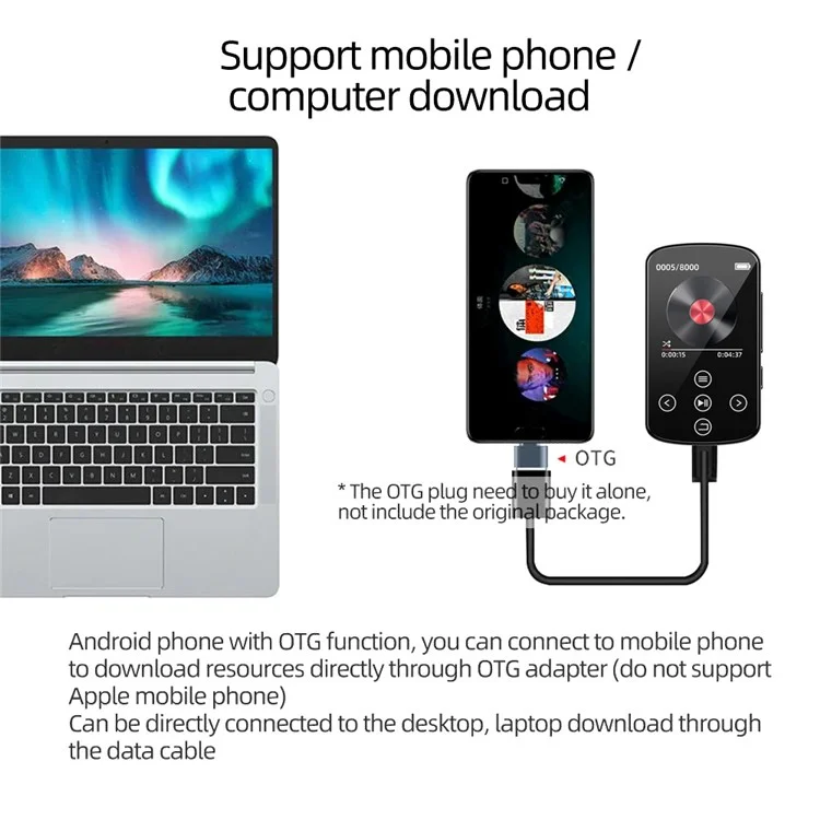 Lettore MP4 T8 da 1,54 pollici con schermo touch, Bluetooth, Radio FM e Lettore E-Book con clip posteriore (Con scheda TF da 64G)