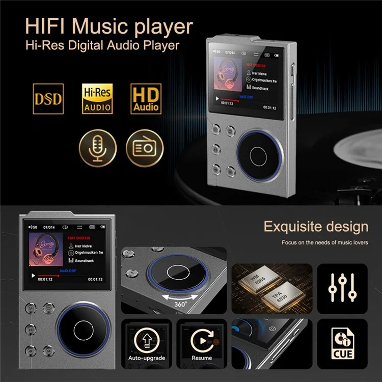Lettore musicale T10 con schermo TFT da 2,4 pollici, Lettore HiFi, Registratore vocale, Radio FM Bluetooth, Memoria interna da 16 GB