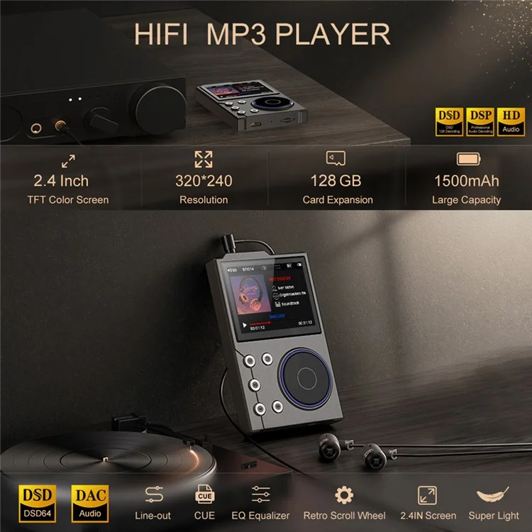 Lettore musicale T10 con schermo TFT da 2,4 pollici, Lettore HiFi, Registratore vocale, Radio FM Bluetooth, Memoria interna da 16 GB