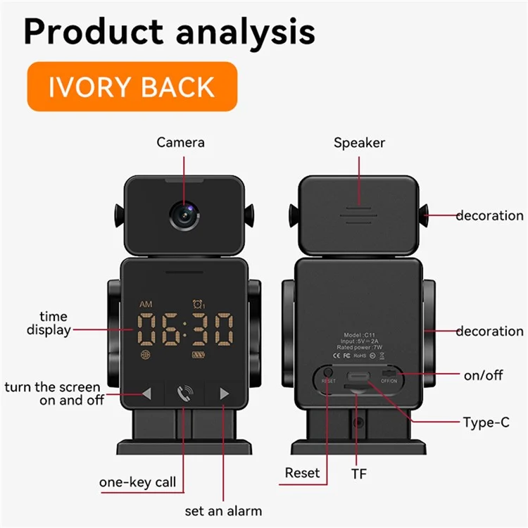 C11 Tuya WiFi Security Camera Alarm Clock Two Way Audio Night Vision HD Surveillance Camera - EU Plug