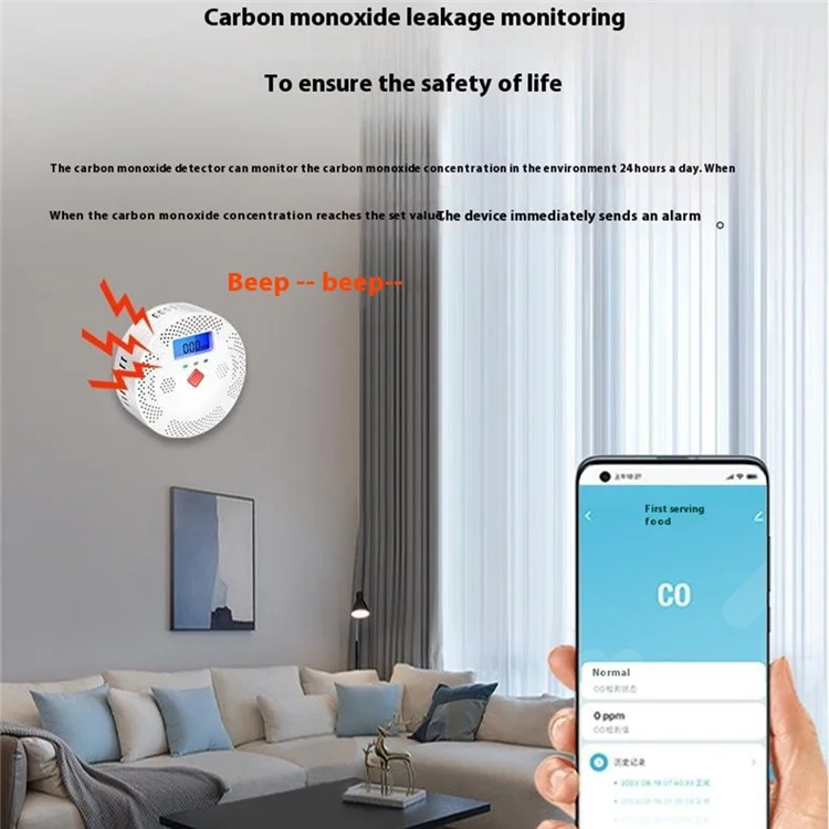 Detector de Monóxido de Carbono Inteligente WiFi CO400A Compatible con Alexa / Asistente de Google, Monitor en Tiempo Real (Sin Batería)