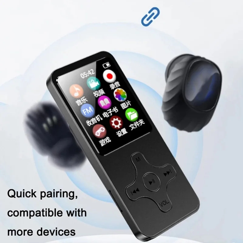 1,77 Pouce Écran Lecteur MP4 Portable Compatible Bluetooth Radio FM Enregistreur Vocal (Sans Carte TF) - Noir