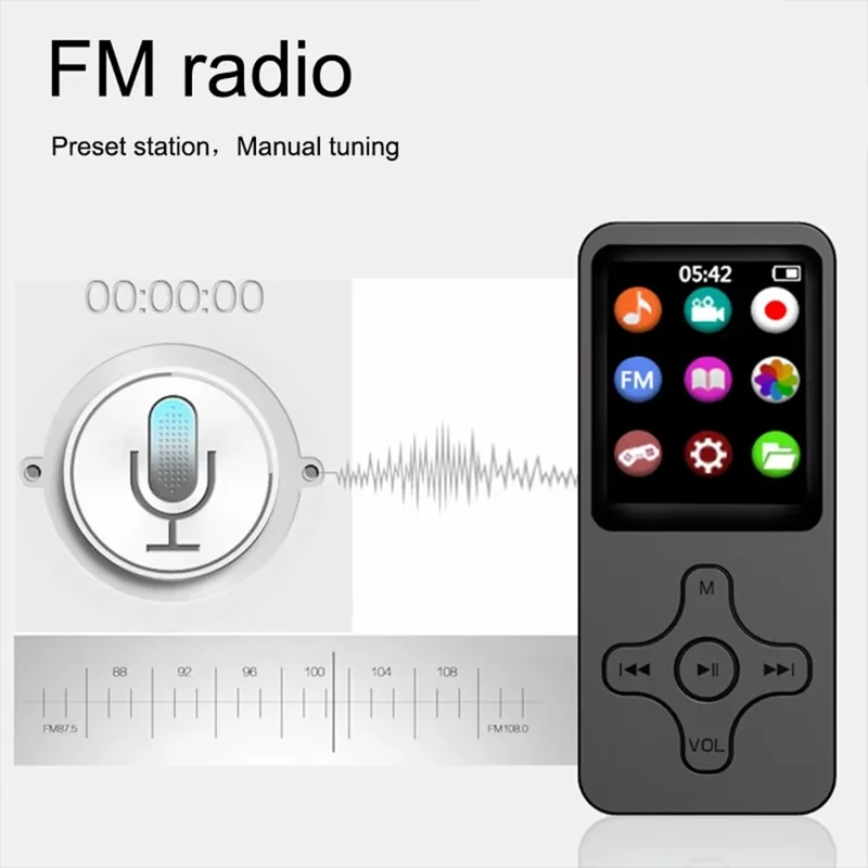 1,77 Pouce Écran Lecteur MP4 Portable Compatible Bluetooth Radio FM Enregistreur Vocal (Sans Carte TF) - Noir