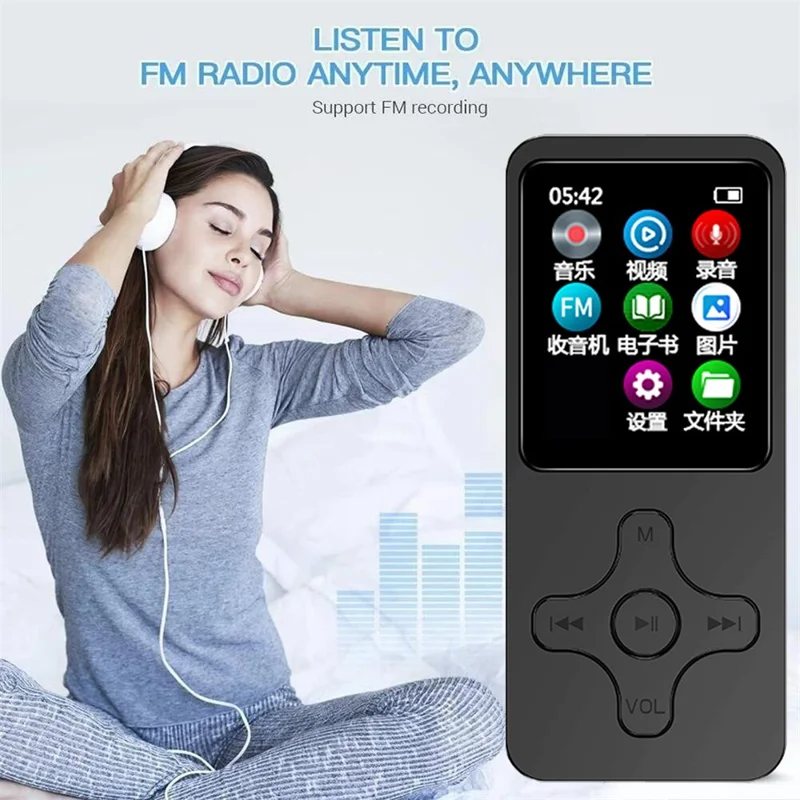 1,77 Pouce Écran Lecteur MP4 Portable Compatible Bluetooth Radio FM Enregistreur Vocal (Sans Carte TF) - Noir