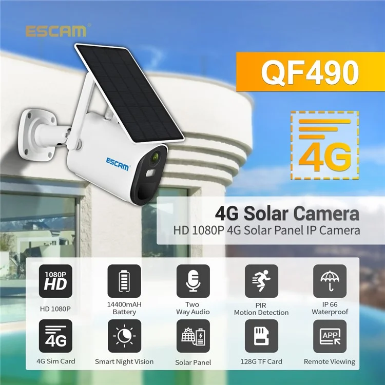 ESCAM QF490 1080P 4G Solar PIR Alarma Dom Alarm Night Vision CCTV Cámara IP Pan/monitor de Inclinación - Edición de la ue