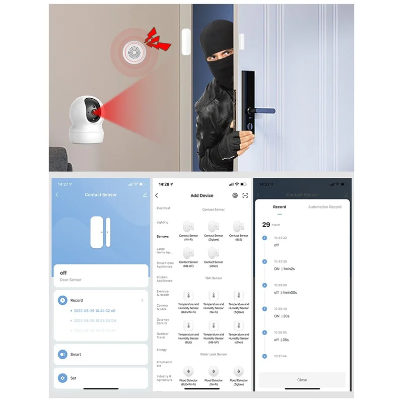 Capteur de porte et fenêtre DW10 Tuya WiFi Détecteur de sécurité avec système d'alarme intelligent, déclenchement de scène et liaison d'intrusion