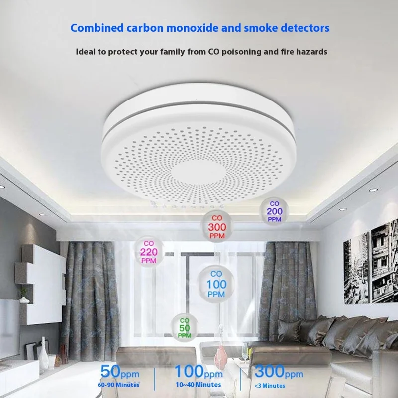 SMCO01 Détecteur de fumée intelligent Tuya WiFi avec capteur sans fil de monoxyde de carbone et lumière flash