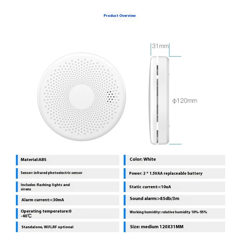 SMCO01 Détecteur de fumée intelligent Tuya WiFi avec capteur sans fil de monoxyde de carbone et lumière flash