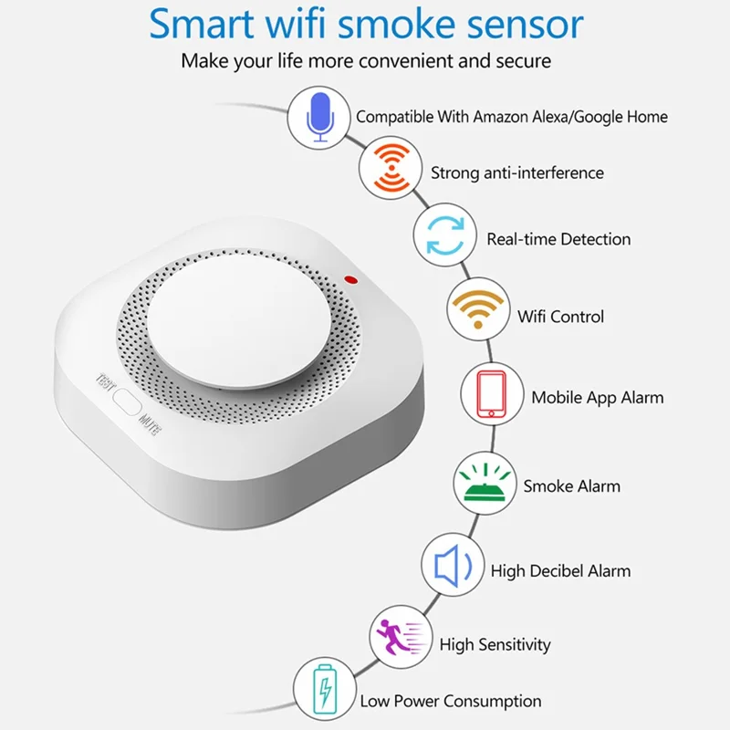 Détecteur de fumée SM441W WiFi Système d'alarme domestique intelligent Capteur de fumée multifonctionnel