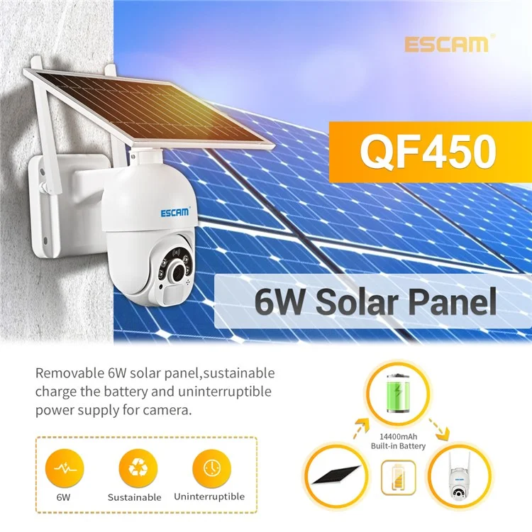 ESCAM QF450 1080p Cloud Storage 4G PIR Allarme Dome Pan/tilt CCTV IP Camera Con Pannello Solare - Edizione ue