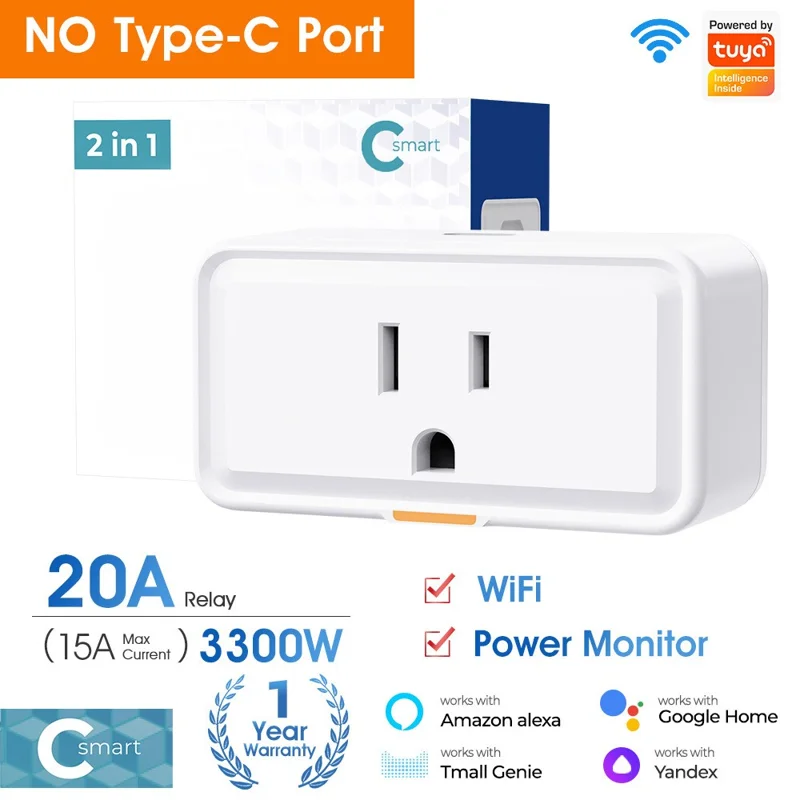 3300W US Plug Tuya WiFi Smart Socket with Energy Monitoring Remote Control APP Voice Timer Switch