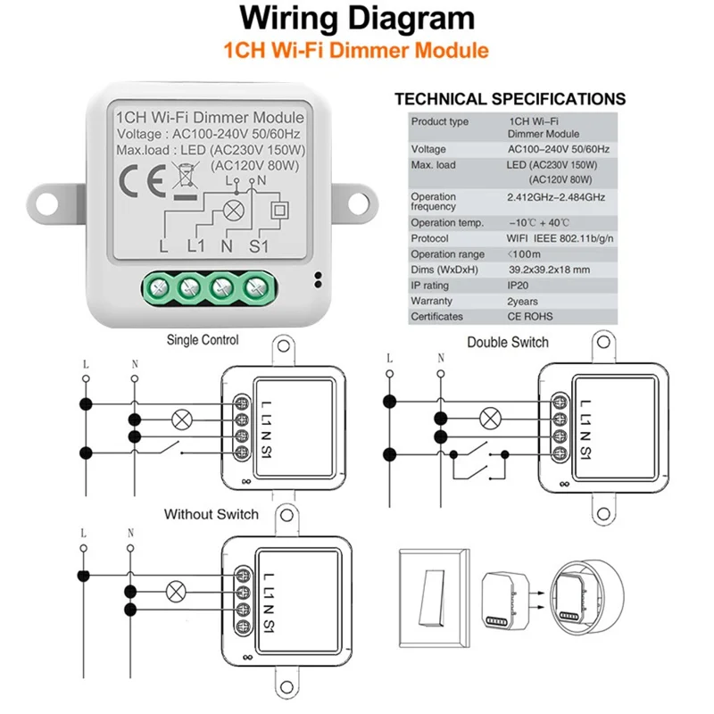 DM01 Module Interrupteur Intelligent WiFi 1 Gang avec Contrôle Vocal, Minuterie et Variateur pour Commande d'Éclairage à Distance