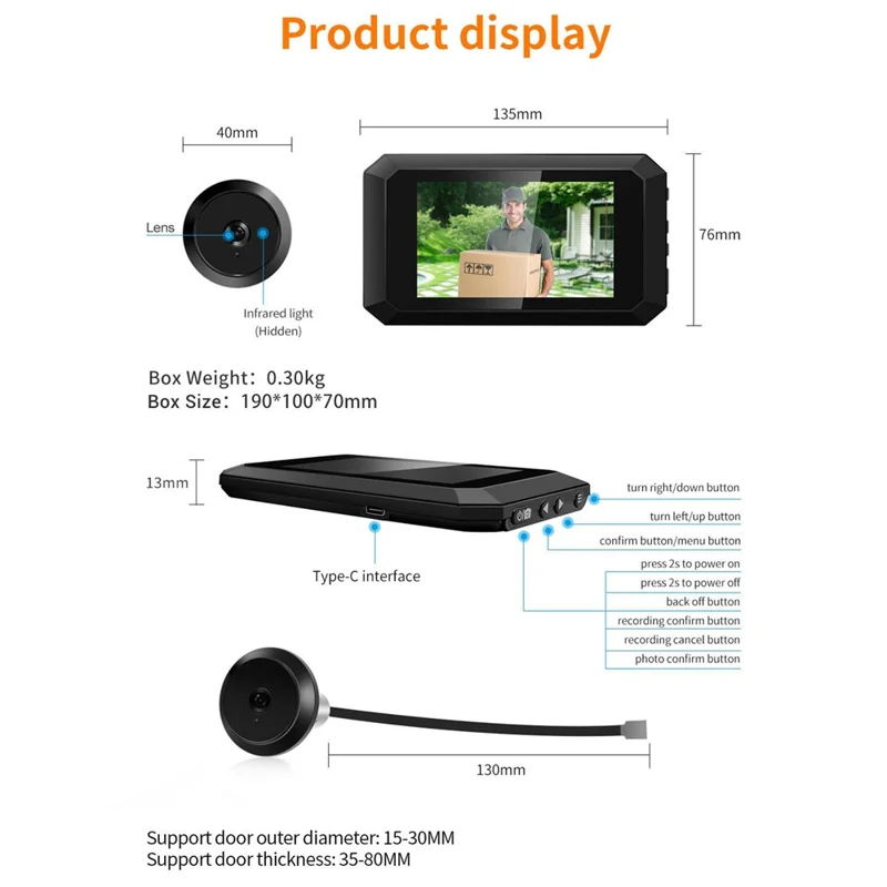 N9S Campainha com Câmera Oculta de 3,97 Polegadas com Visão Noturna, Gravação de Fotos e Vídeos - Preto