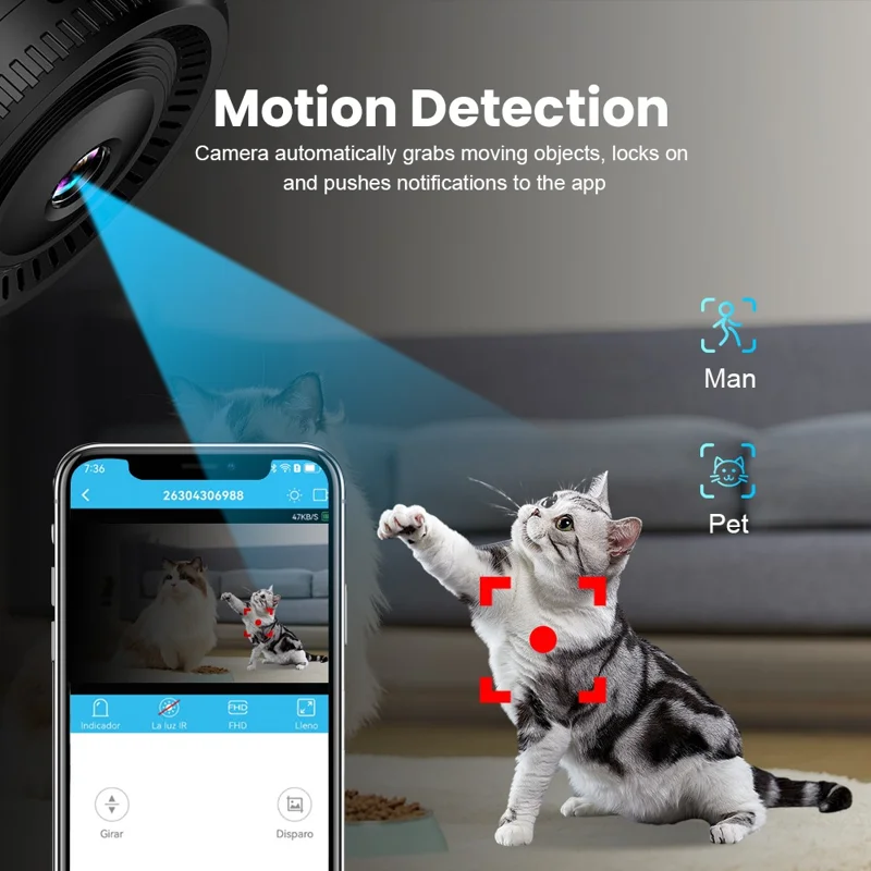 Telecamera di sicurezza domestica C8 con scheda TF da 32 GB, sorveglianza wireless WiFi, mini telecamera con microfono e rilevamento del movimento