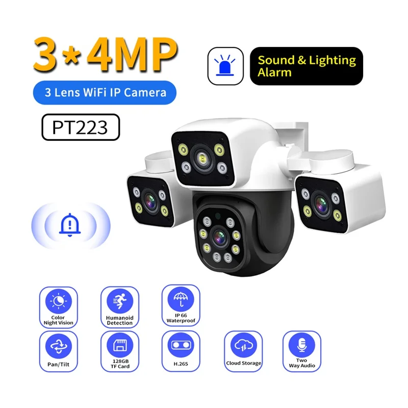 ESCAM PT223 Cámara de Seguridad Exterior con 3 x 4MP, WiFi, Detección de Movimiento y Audio Bidireccional - Enchufe UE