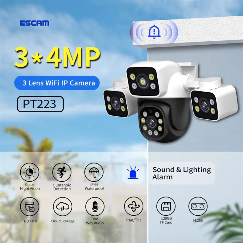 ESCAM PT223 Cámara de Seguridad Exterior con 3 x 4MP, WiFi, Detección de Movimiento y Audio Bidireccional - Enchufe UE