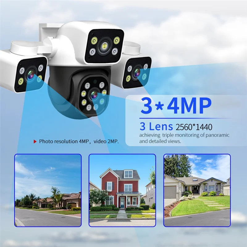 ESCAM PT223 Cámara de Seguridad Exterior con 3 x 4MP, WiFi, Detección de Movimiento y Audio Bidireccional - Enchufe UE