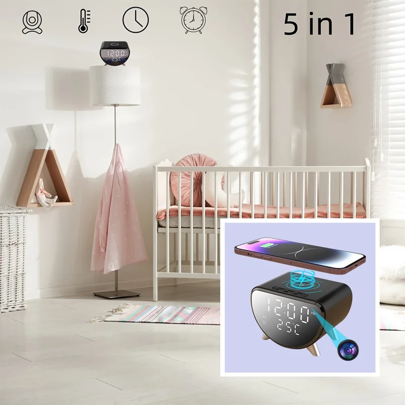 Chargeur de bureau intelligent 5 en 1 15W avec caméra cachée HD et caméra de sécurité WiFi sans fil - Noir