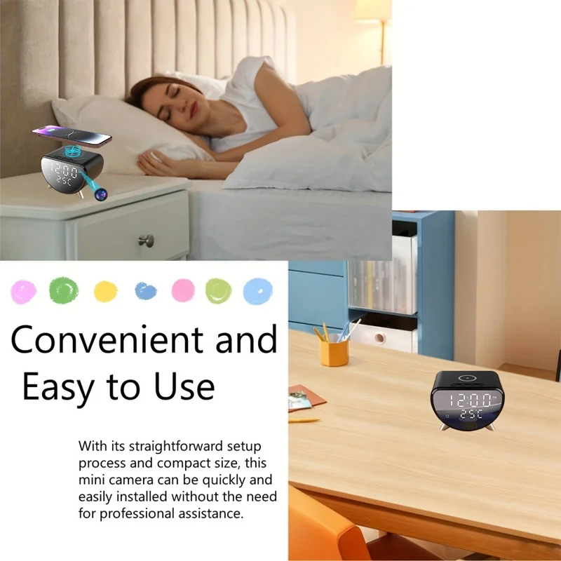 Chargeur de bureau intelligent 5 en 1 15W avec caméra cachée HD et caméra de sécurité WiFi sans fil - Noir