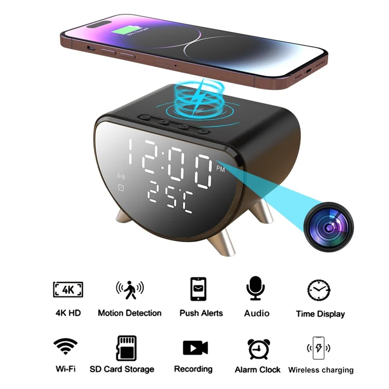 Chargeur de bureau intelligent 5 en 1 15W avec caméra cachée HD et caméra de sécurité WiFi sans fil - Noir