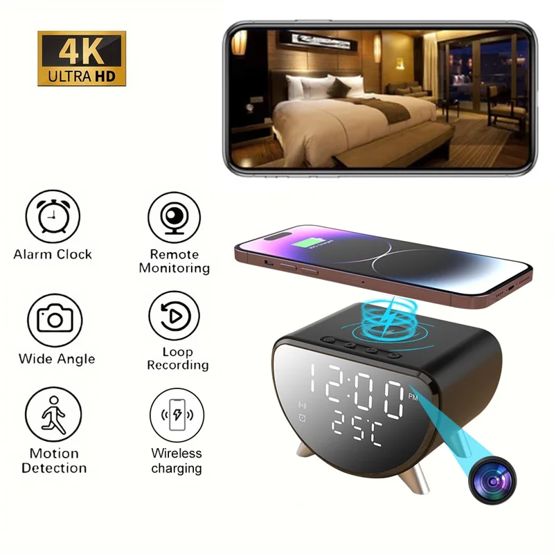 Chargeur de bureau intelligent 5 en 1 15W avec caméra cachée HD et caméra de sécurité WiFi sans fil - Noir