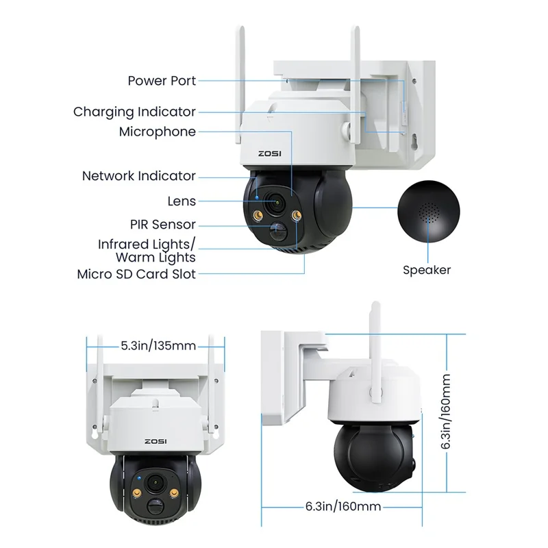 ZOSI C291 4MP 2,5K WiFi Caméra de Sécurité Solaire avec Détection Intelligente PIR, Vision Nocturne, Caméra Extérieure sans Fil PTZ, Sans Carte Mémoire
