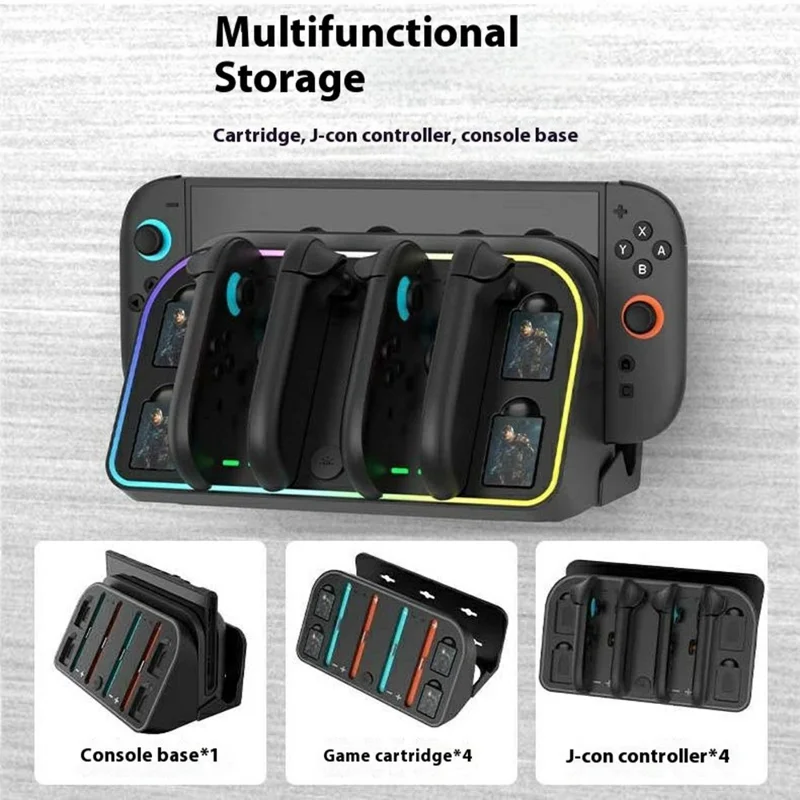 For Nintendo Switch 2 Wall Mounted Bracket Joycon Charging Dock with RGB Light Game Card Storage Stand