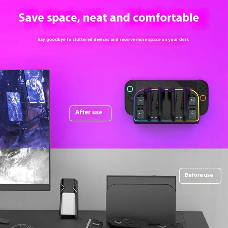 For Nintendo Switch 2 Wall Mounted Bracket Joycon Charging Dock with RGB Light Game Card Storage Stand