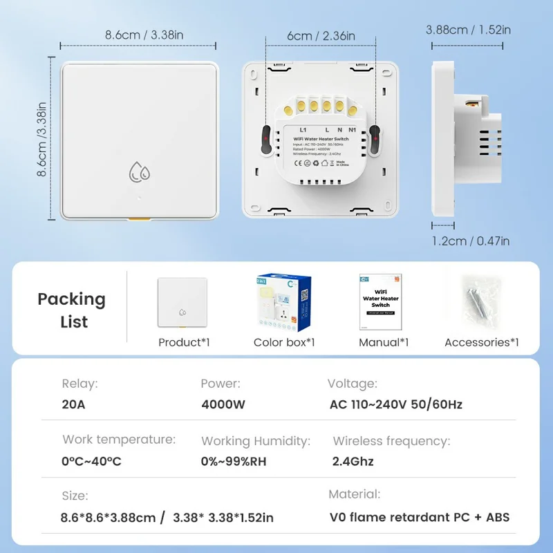 KG128 4000W WiFi Smart Timer Switch for Water Heater Power Monitor Work with Alexa Google Assistant, EU Plug - White