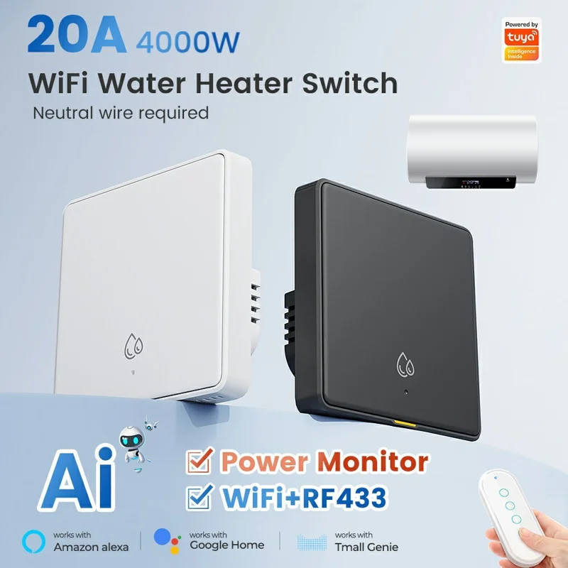 KG128 4000W WiFi Smart Timer Switch for Water Heater Power Monitor Work with Alexa Google Assistant, EU Plug - White