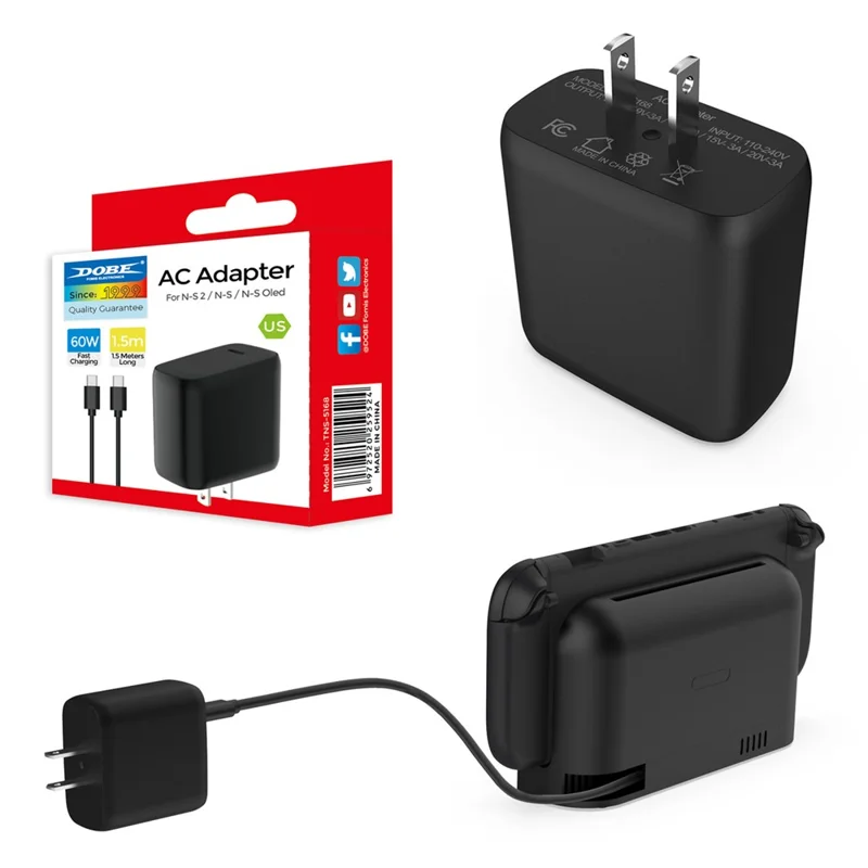 DOBE TNS-5168 US Plug 60W Fast Charger for Nintendo Switch 2  /  Switch OLED  /  Switch Console Type C Power Adapter with Cable