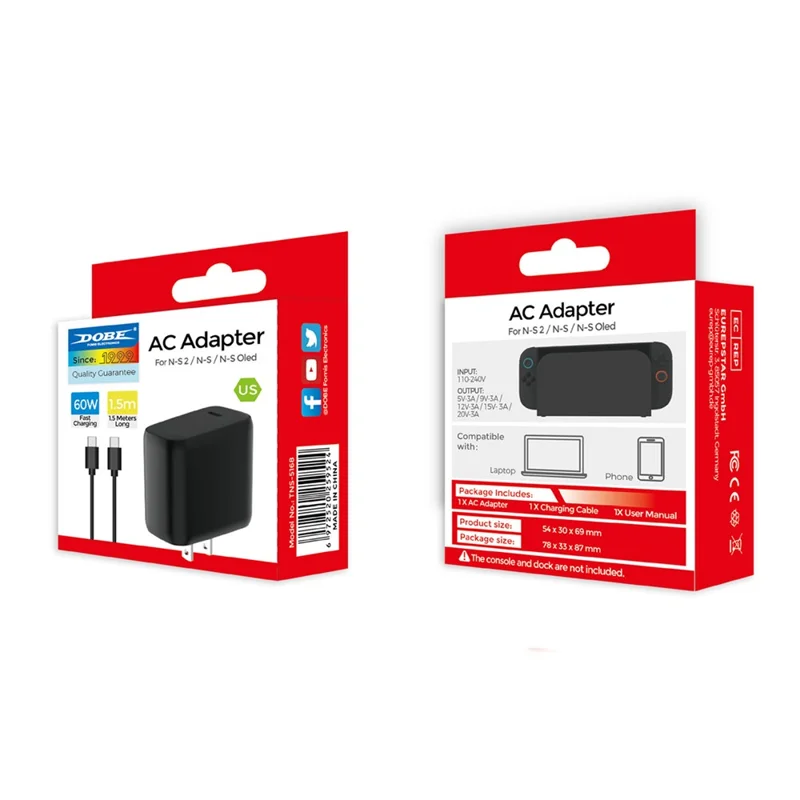 DOBE TNS-5168 US Plug 60W Fast Charger for Nintendo Switch 2  /  Switch OLED  /  Switch Console Type C Power Adapter with Cable