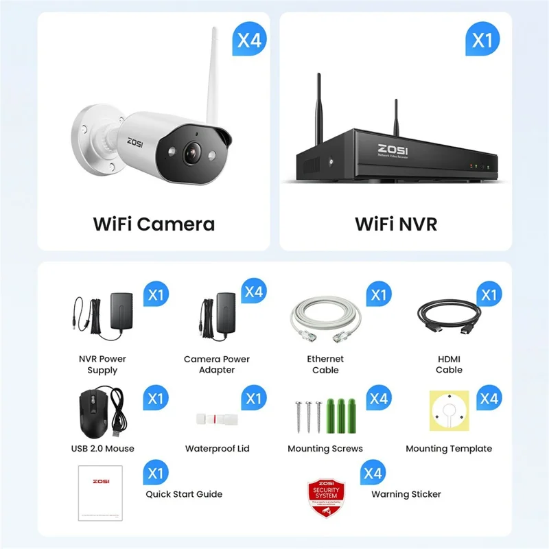 ZOSI 2K C302 WiFi 6 Security Camera System AI Human Detection Two Way Audio 4Pcs 3MP Camera 4K 8CH NVR with 1TB HDD - US Plug