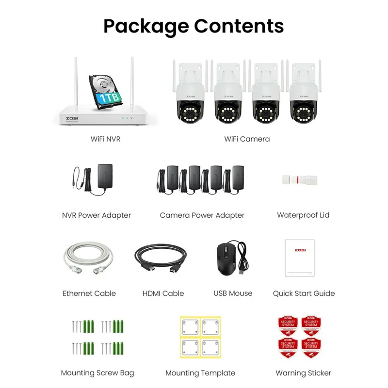 ZOSI C296 3K 5MP WiFi 6 Système de Caméras de Sécurité avec Détection Humaine et Véhicule - 4 Caméras Pivotantes, NVR 8CH 4K avec Disque Dur de 1 To - Prise US