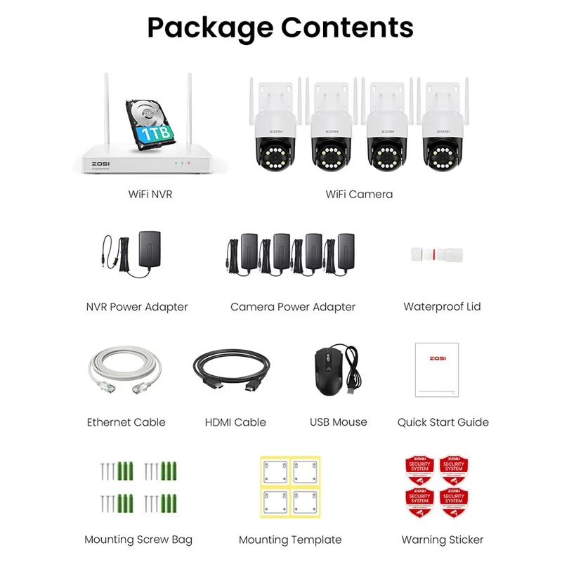 ZOSI C296 Système de caméras de sécurité domestiques 4K 8MP WiFi 6 avec enregistrement 24/7, 4 caméras orientables, NVR 8 canaux avec disque dur de 1 To - Prise US