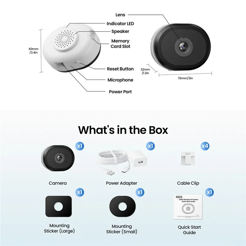 ZOSI C680 2K Window Camera Night Vision 3MP 2.4/5GHz WiFi AI Human Vehicle Detection Security Cam - EU Plug