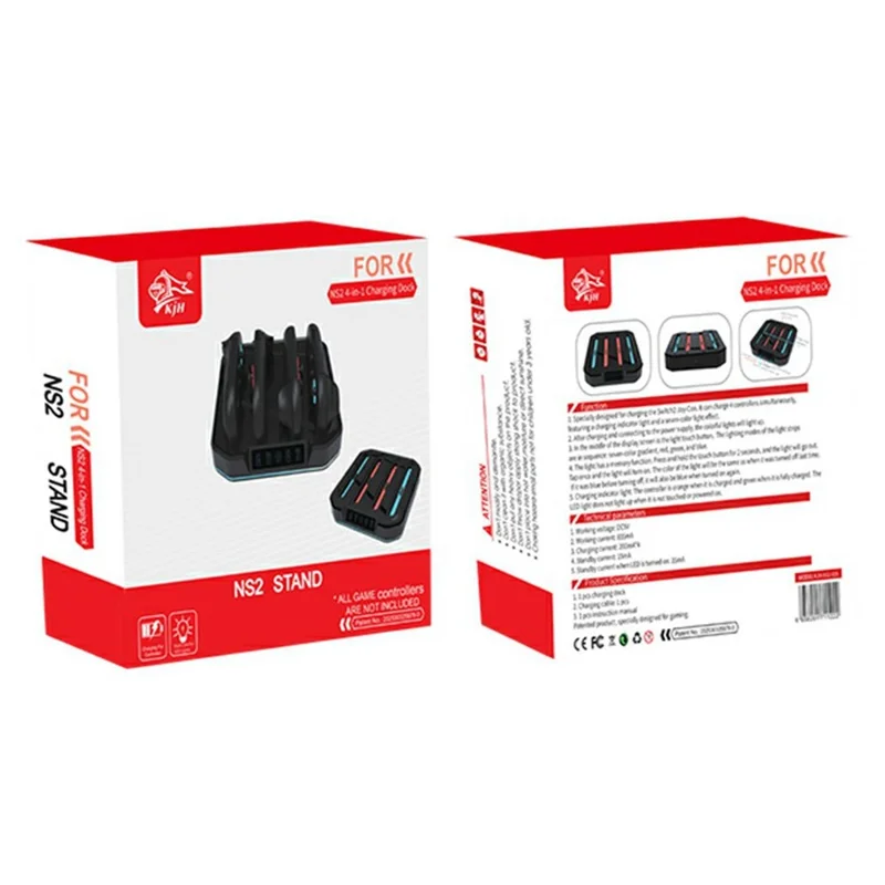 KJH KJH-NS2-026 Зарядная станция-докстанция 4 в 1 для контроллеров Nintendo Switch 2 с цветным LED-индикатором - Черный