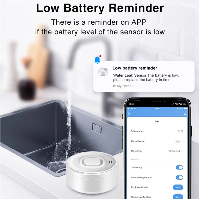 SQ400C001 100dB Alarm WLAN Smart Wasserleckerkennung kompatibel mit Amazon Alexa / Google Assistant