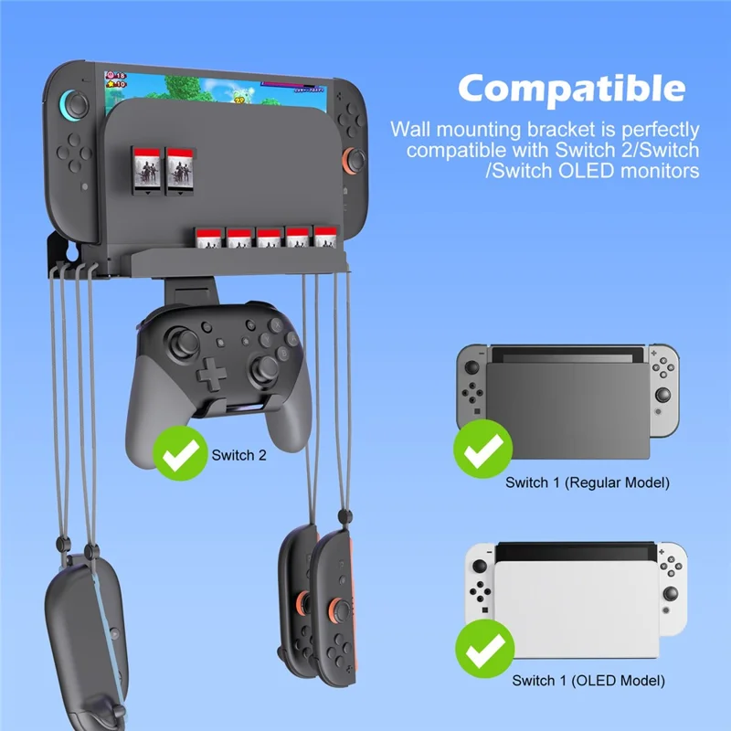 For Nintendo Switch / Switch 2 / Switch OLED Wall Mount Bracket Game Console Holder with Game Card Slots / Controller Hook