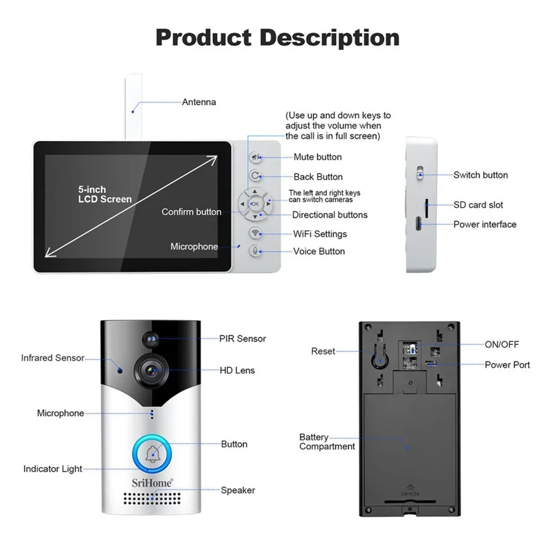 SRIHOME DH051_002_008 Smart Wireless Doorbell Set 4MP HD Indoor Video Intercom Low Power Consumption for Home - US Plug